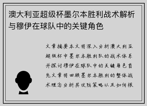 澳大利亚超级杯墨尔本胜利战术解析与穆伊在球队中的关键角色